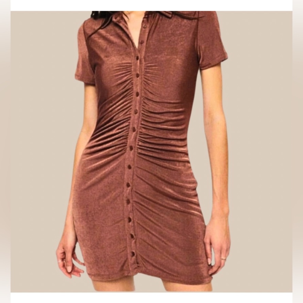 Dynamite Ruched Button-Up Polo Mini Dress - Copper Brown, Size S